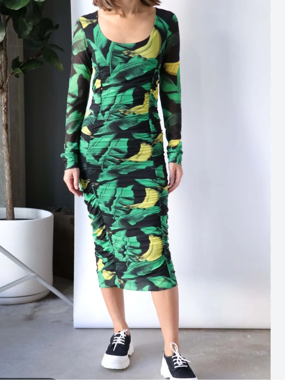 Ganni Tulle Ruched Gathered Bodycon Midi Dress Green Floral Print